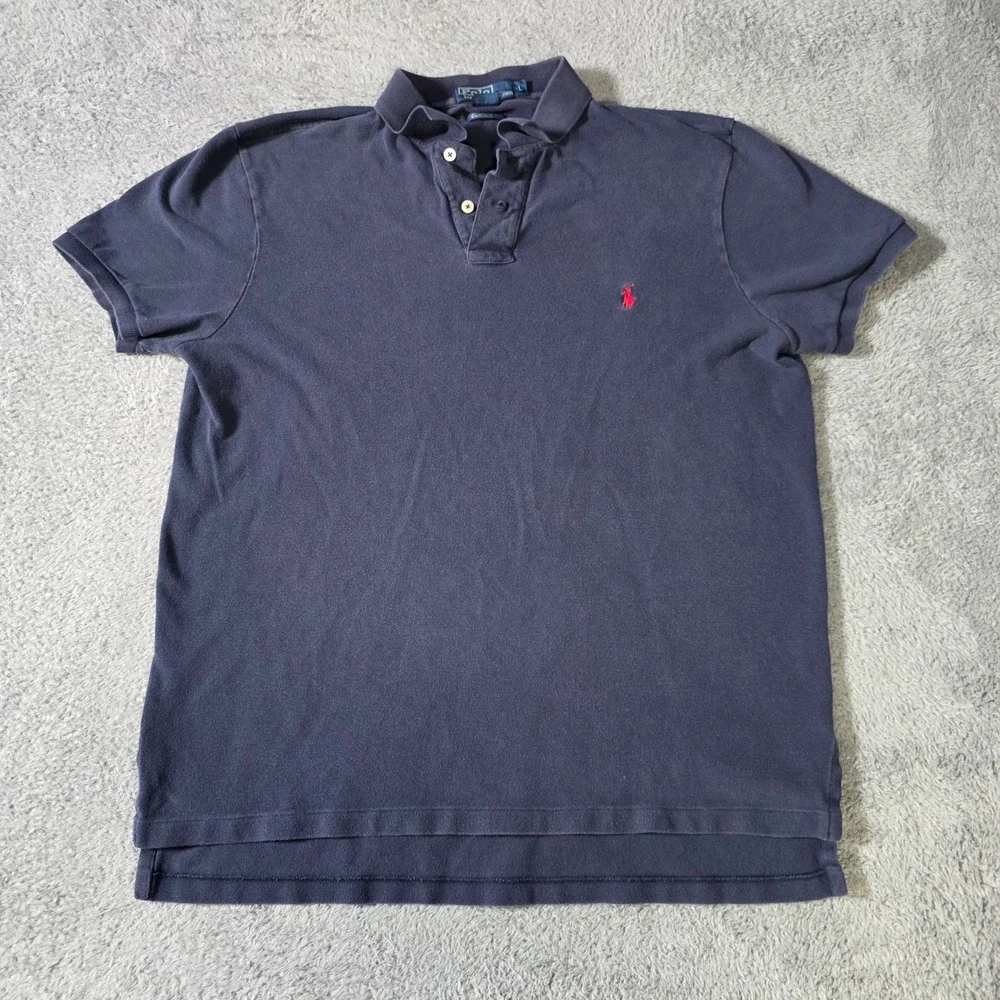 Polo Ralph Lauren Mens Large Polo Shirt Navy Blue Custom Fit Cotton Pique Logo